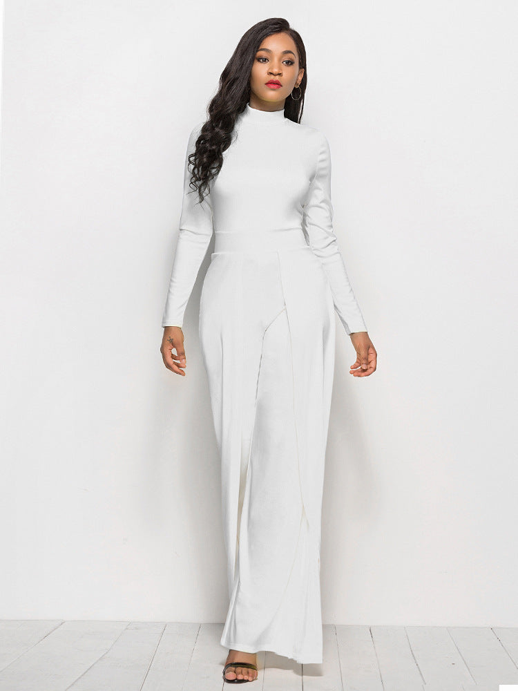 Lauren – Brede Been Jumpsuit met Ronde Hals en Lange Mouwen