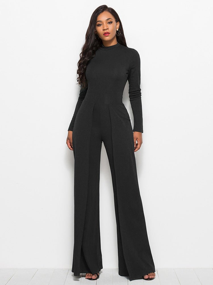 Lauren – Brede Been Jumpsuit met Ronde Hals en Lange Mouwen