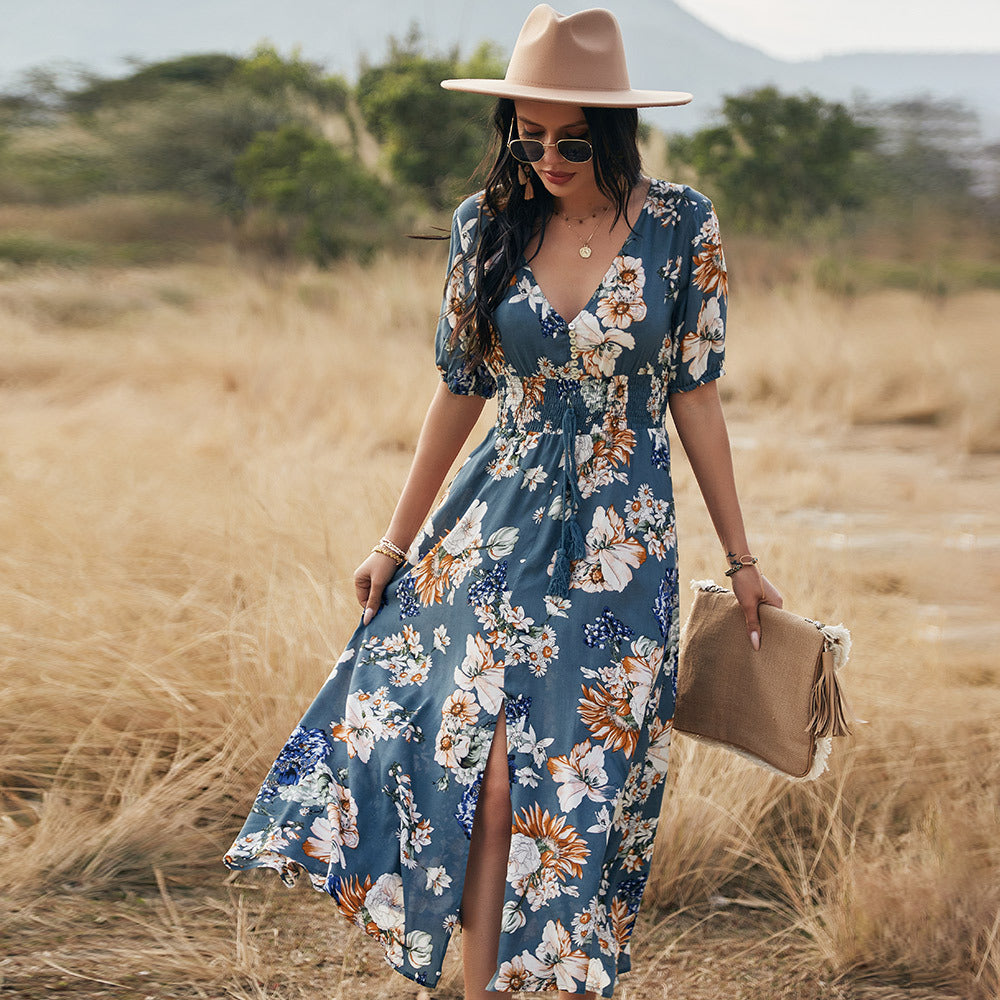 Carly – Bloemige Zomerjurk met V-Hals en Elastische Taille