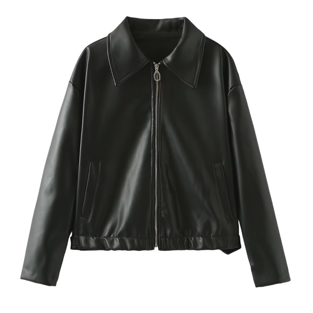 Natasha – Casual Lange Mouwen Jack met Revers en Rits van Vegan Leder