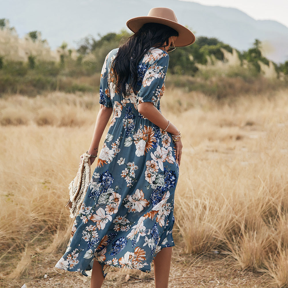 Carly – Bloemige Zomerjurk met V-Hals en Elastische Taille