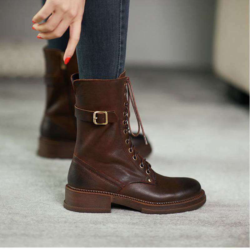 Janet – Dikke Hak Mid-Tube en Fluweel Veterlaarzen voor Dames