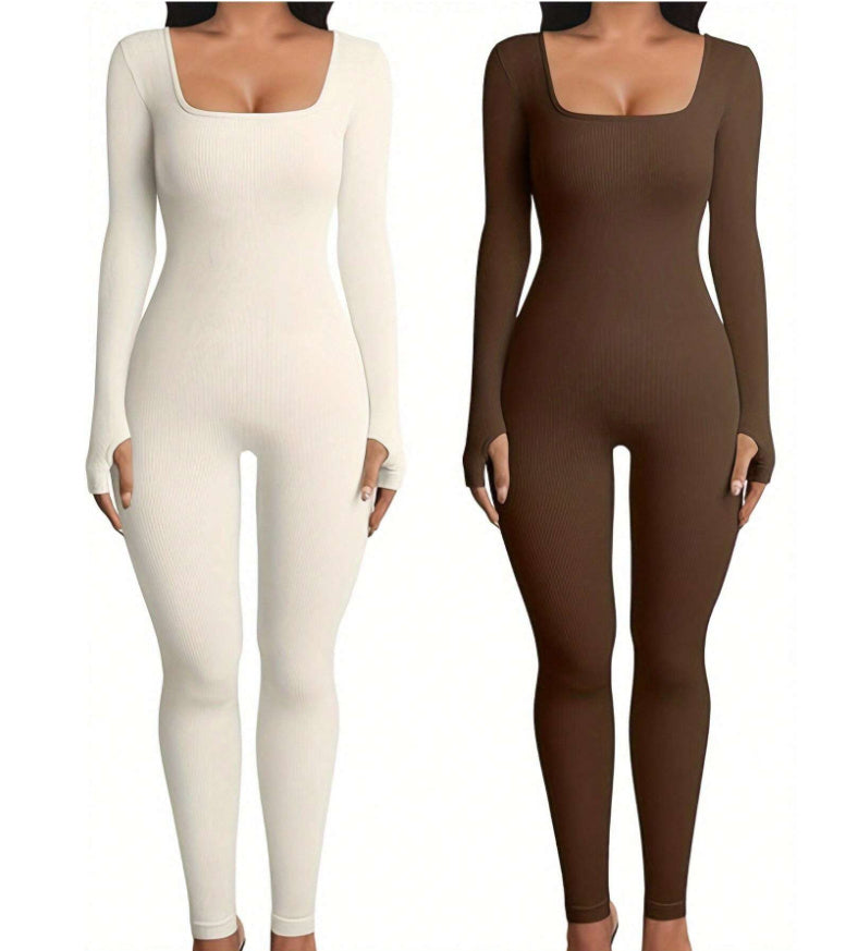 Jean – Modieuze Fitness-Jumpsuit met Lange Mouwen en Vierkante Halslijn