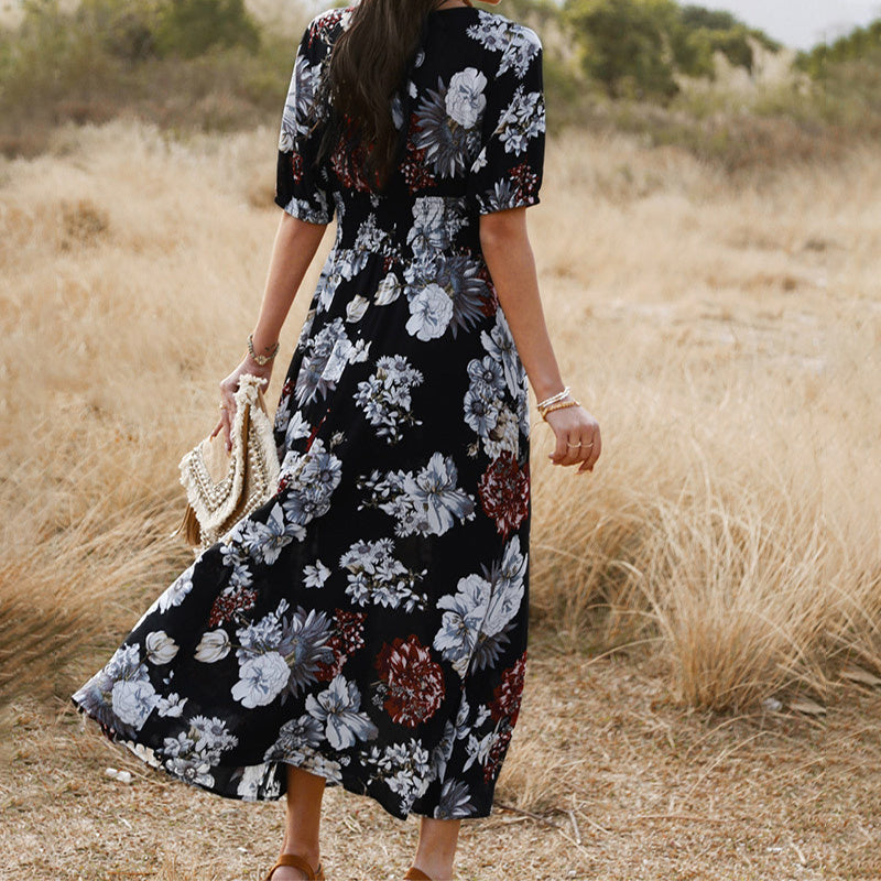 Carly – Bloemige Zomerjurk met V-Hals en Elastische Taille