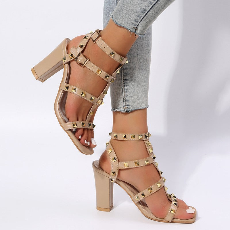 Michelle – Sandalen met Studs en Gesp, Vierkante Neus, Hoge Hakken