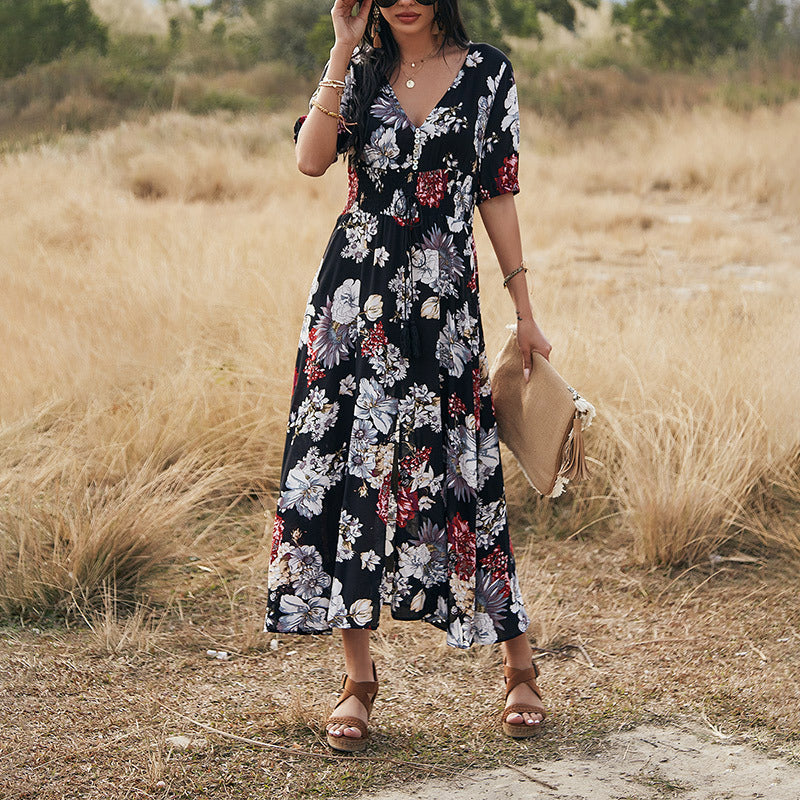 Carly – Bloemige Zomerjurk met V-Hals en Elastische Taille