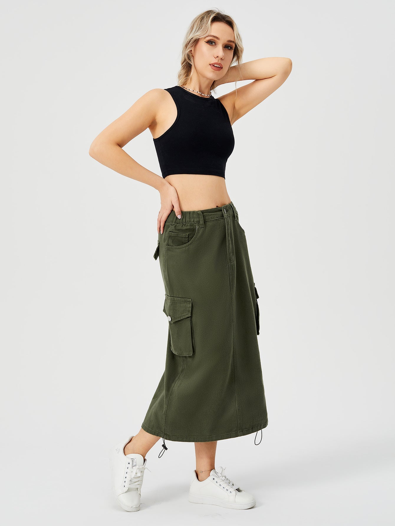 Amelia – Langer Cargo-Rock für Damen mit hohem Bund und Frontschlitz