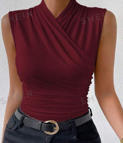 Rachel – Zomers, effen, gekruist, geplooid mouwloos Tanktop