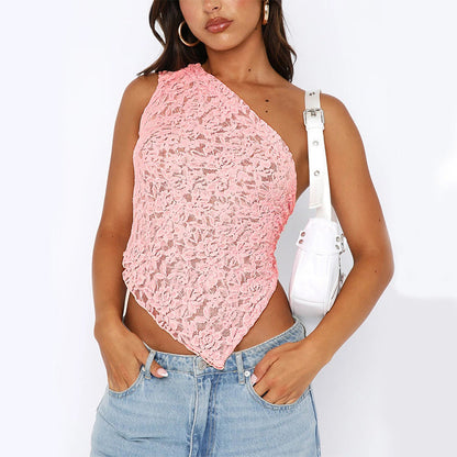 Kathleen – Asymmetrische Mouwloze Top met Kant Rug in Effen Kleuren