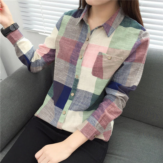 Denise – Vintage Geruite Blouse van Premium Vegan Katoen met Lange Mouwen