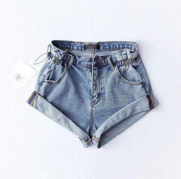 Mandy – Hoge Taille Denim-Shorts met Elastische Tailleband en Wijde Pijpen