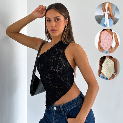 Kathleen – Asymmetrische Mouwloze Top met Kant Rug in Effen Kleuren