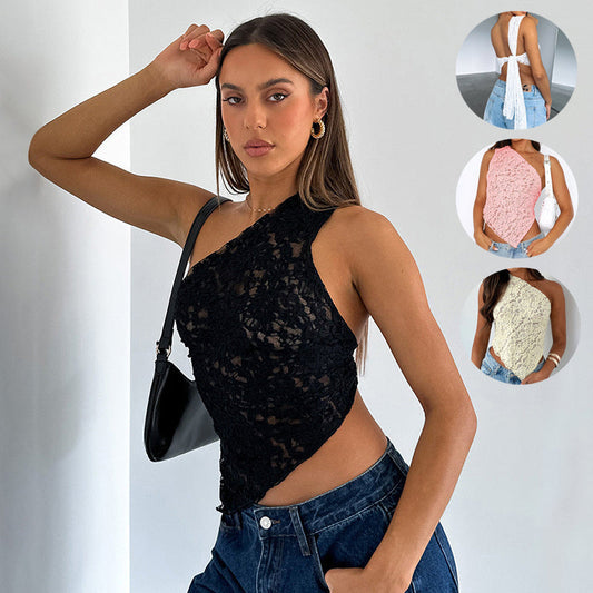 Kathleen – Asymmetrische Mouwloze Top met Kant Rug in Effen Kleuren