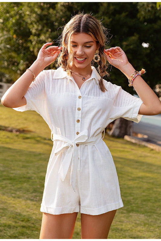 Julie – Effen Kortmouwige Jumpsuit met Kraag