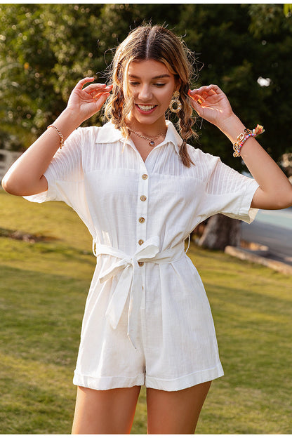 Julie – Effen Kortmouwige Jumpsuit met Kraag