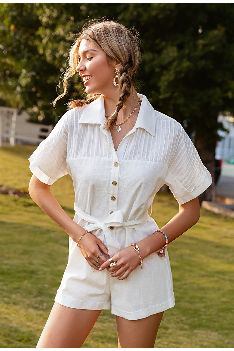 Julie – Effen Kortmouwige Jumpsuit met Kraag