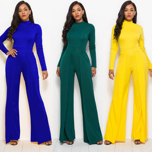Lauren – Brede Been Jumpsuit met Ronde Hals en Lange Mouwen