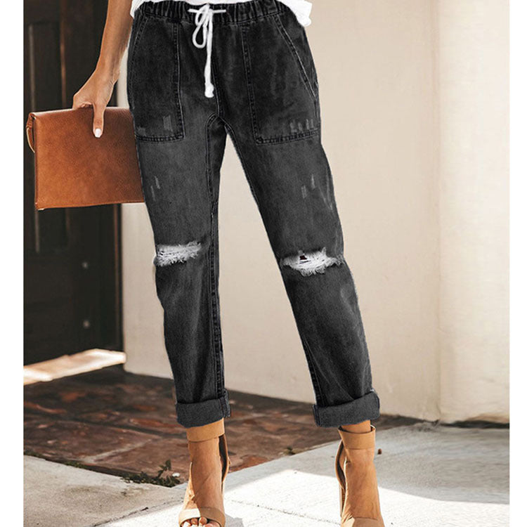 Danielle – Rechte Ripped Damesjeans met Trekkoord en Zakken
