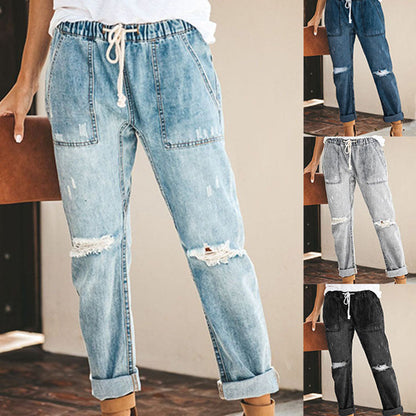 Danielle – Rechte Ripped Damesjeans met Trekkoord en Zakken
