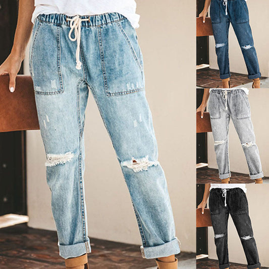Danielle – Rechte Ripped Damesjeans met Trekkoord en Zakken