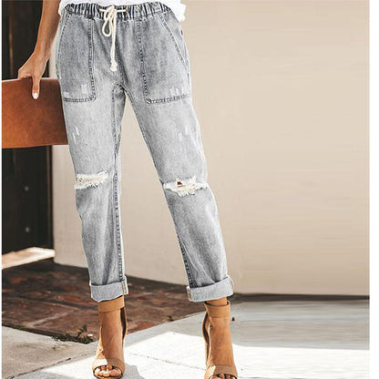 Danielle – Rechte Ripped Damesjeans met Trekkoord en Zakken