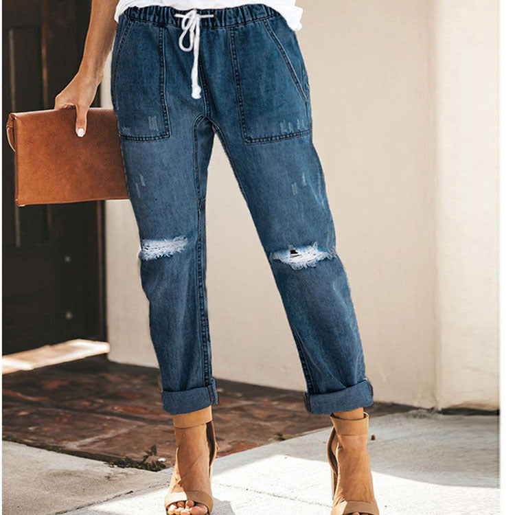 Danielle – Rechte Ripped Damesjeans met Trekkoord en Zakken