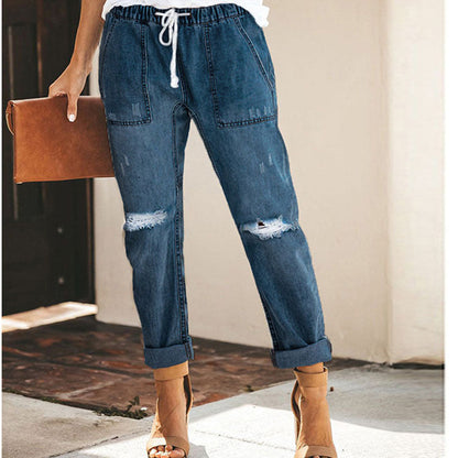 Danielle – Rechte Ripped Damesjeans met Trekkoord en Zakken