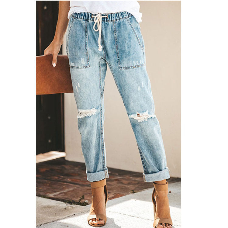 Danielle – Rechte Ripped Damesjeans met Trekkoord en Zakken
