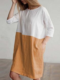 Joan – Losse Jurk van Katoen en Linnen met Ronde Hals