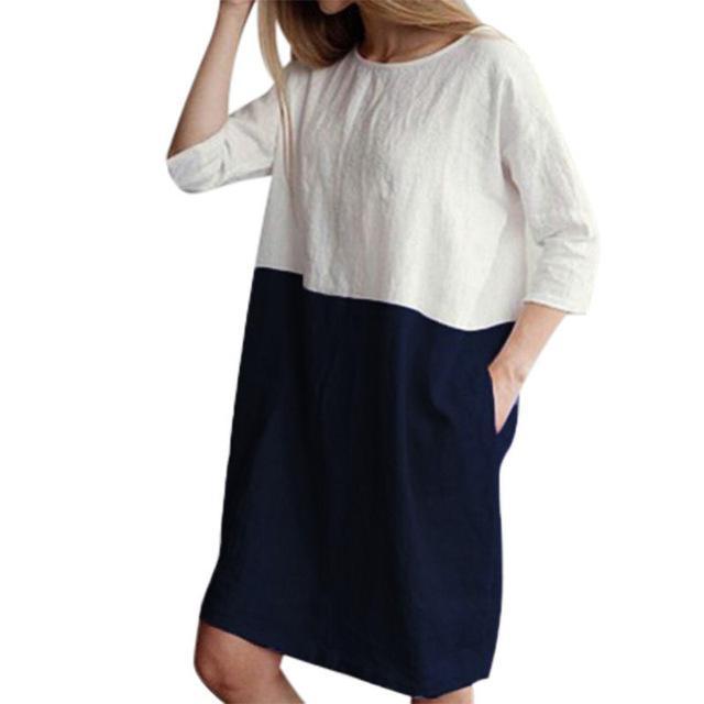 Joan – Losse Jurk van Katoen en Linnen met Ronde Hals