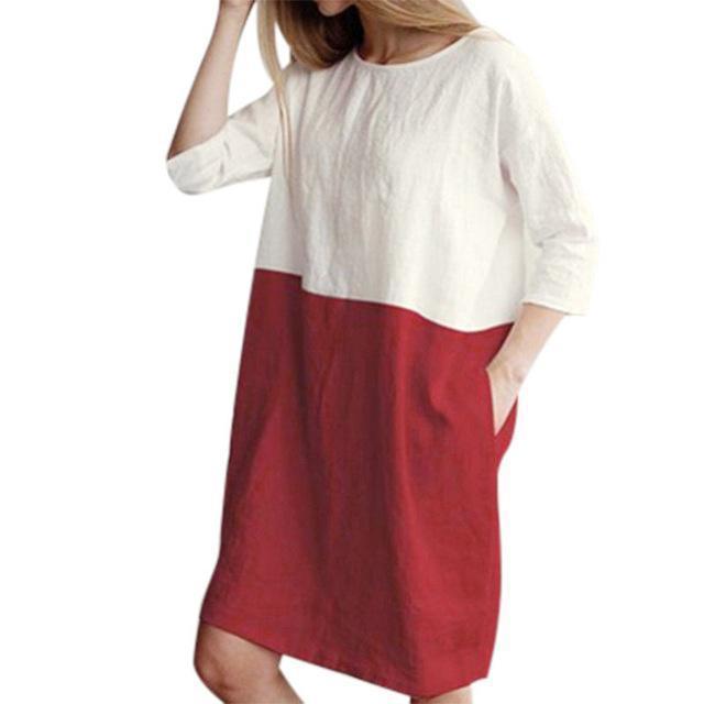 Joan – Losse Jurk van Katoen en Linnen met Ronde Hals