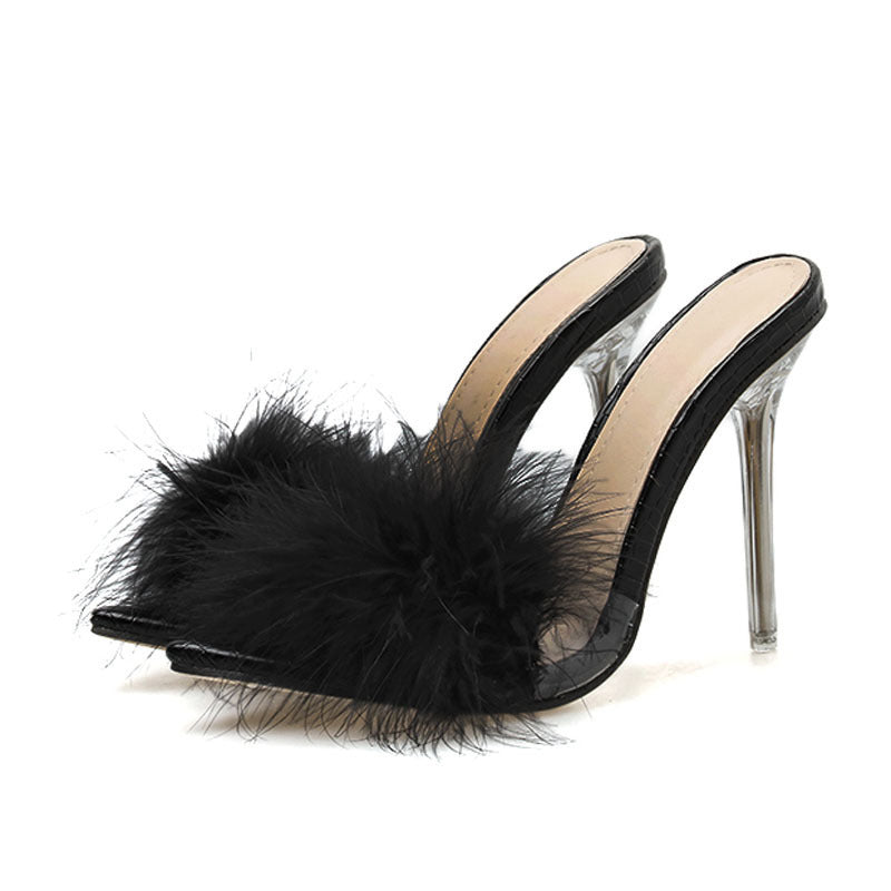 Sarah – Transparante Kristallen Hoge Hakken Dames Ventilatorbont Pantoffels