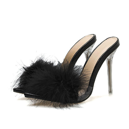 Sarah – Transparante Kristallen Hoge Hakken Dames Ventilatorbont Pantoffels