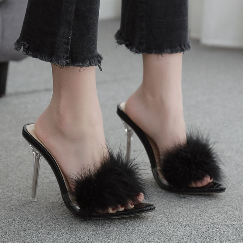 Sarah – Transparante Kristallen Hoge Hakken Dames Ventilatorbont Pantoffels
