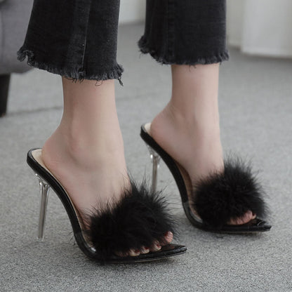 Sarah – Transparante Kristallen Hoge Hakken Dames Ventilatorbont Pantoffels