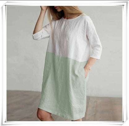 Joan – Losse Jurk van Katoen en Linnen met Ronde Hals