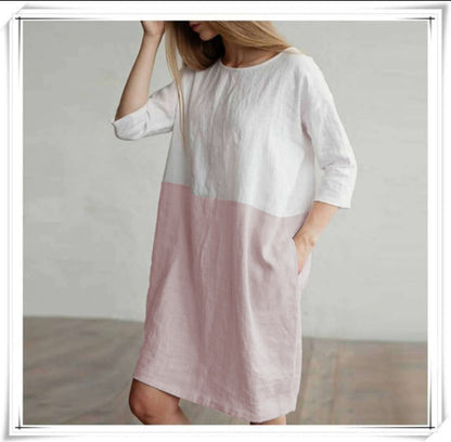 Joan – Losse Jurk van Katoen en Linnen met Ronde Hals