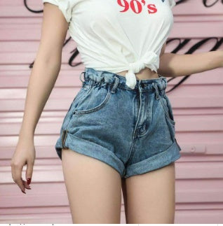 Mandy – Hoge Taille Denim-Shorts met Elastische Tailleband en Wijde Pijpen