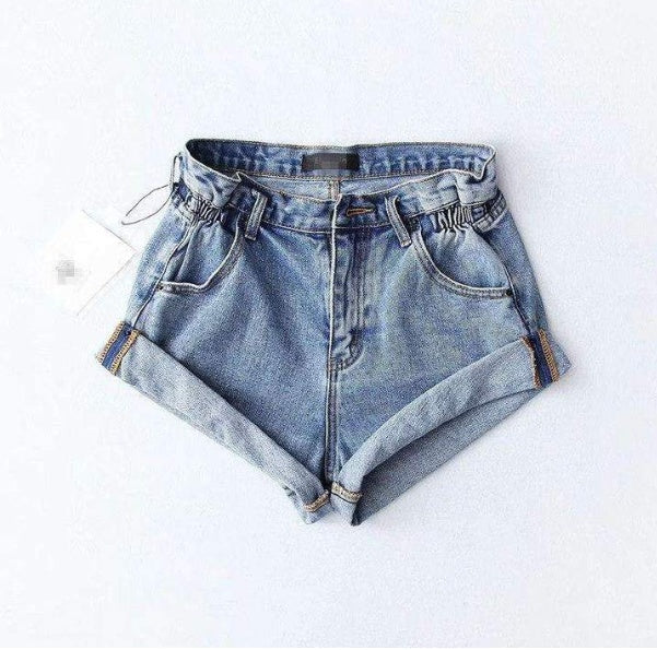 Mandy – Hoge Taille Denim-Shorts met Elastische Tailleband en Wijde Pijpen
