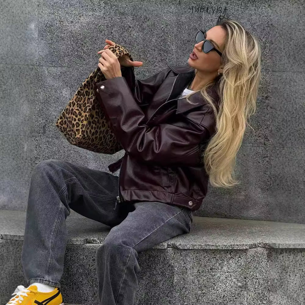 Natasha – Casual Lange Mouwen Jack met Revers en Rits van Vegan Leder