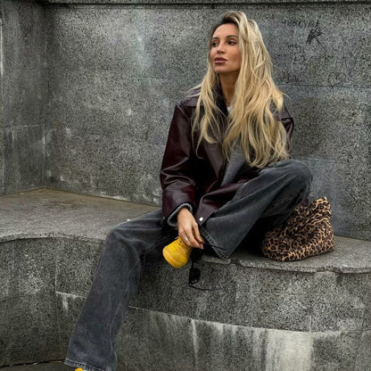 Natasha – Casual Lange Mouwen Jack met Revers en Rits van Vegan Leder