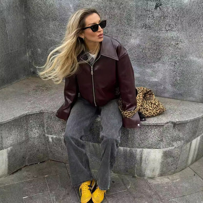 Natasha – Casual Lange Mouwen Jack met Revers en Rits van Vegan Leder
