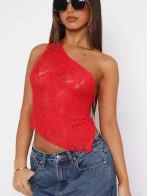 Kathleen – Asymmetrische Mouwloze Top met Kant Rug in Effen Kleuren