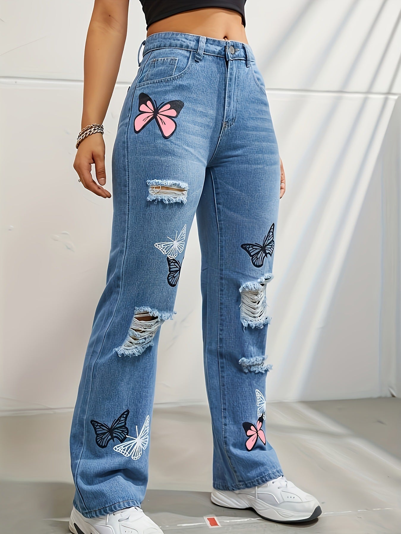 Wendy – Hooggetailleerde Jeans met Vlinderprint