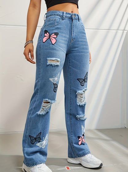 Wendy – Hooggetailleerde Jeans met Vlinderprint