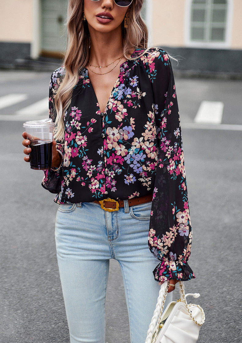 Fiona – Elegante Damesblouse met Bloemenprint en V-Hals