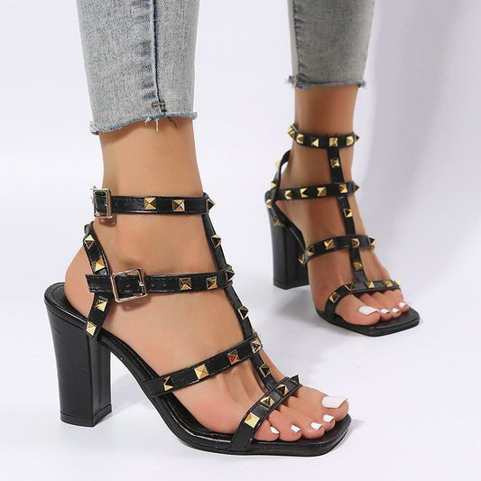 Michelle – Sandalen met Studs en Gesp, Vierkante Neus, Hoge Hakken