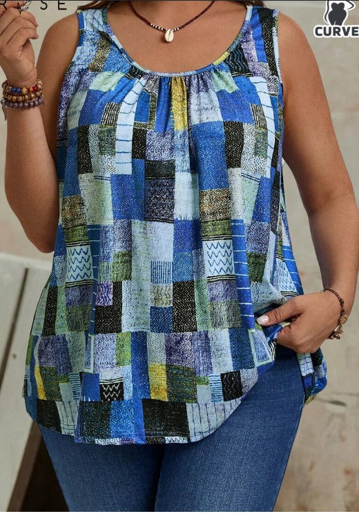 Danielle – Plus Size Dames Zomertanktop met Geometrische Print en Plooien