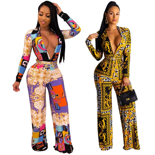Tracy – Lange Mouwen V-hals Jumpsuit met Digitale Print