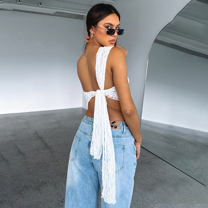 Kathleen – Asymmetrische Mouwloze Top met Kant Rug in Effen Kleuren